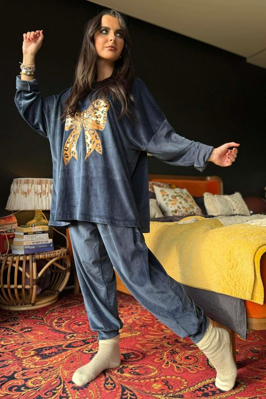 Binky Bow Soft Stretch Velour Lounge Suit Prussian Navy